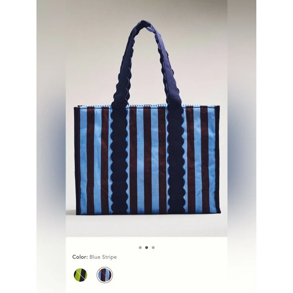 NWT new Anthropologie Maeve patterned canvas tote bag blue brown stripe ric rac